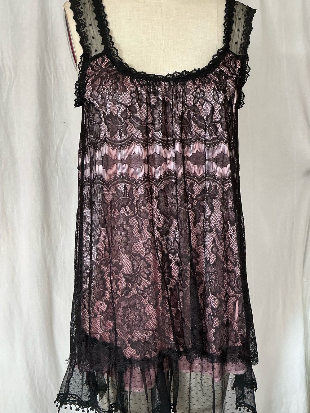 Delicate Black Lace Chemise over Dusty Rose Slip